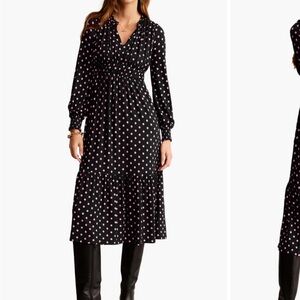 Boden Navy and Gold Polka Dot Long Sleeve Dress